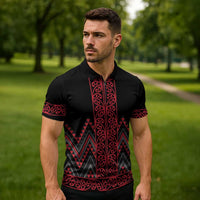 Red Aotearoa Mangopare Kowhaiwhai Niho Taniwha Zipper Polo Shirt Maori New Zealand - Polynesian Pride