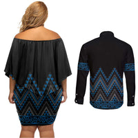 Blue Aotearoa Mangopare Kowhaiwhai and Niho Taniwha Couples Matching Off Shoulder Short Dress and Long Sleeve Button Shirt Maori New Zealand