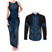 Blue Aotearoa Mangopare Kowhaiwhai and Niho Taniwha Couples Matching Tank Maxi Dress and Long Sleeve Button Shirt Maori New Zealand
