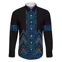 Blue Aotearoa Mangopare Kowhaiwhai and Niho Taniwha Family Matching Long Sleeve Bodycon Dress and Hawaiian Shirt Maori New Zealand LT14 Dad's Shirt - Long Sleeve Blue - Polynesian Pride