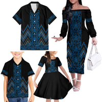 Blue Aotearoa Mangopare Kowhaiwhai and Niho Taniwha Family Matching Off The Shoulder Long Sleeve Dress and Hawaiian Shirt Maori New Zealand LT14 - Polynesian Pride