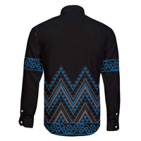 Blue Aotearoa Mangopare Kowhaiwhai and Niho Taniwha Family Matching Off The Shoulder Long Sleeve Dress and Hawaiian Shirt Maori New Zealand LT14 - Polynesian Pride