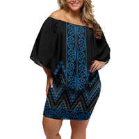 Blue Aotearoa Mangopare Kowhaiwhai and Niho Taniwha Family Matching Off Shoulder Short Dress and Hawaiian Shirt Maori New Zealand