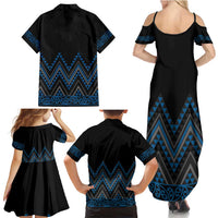 Blue Aotearoa Mangopare Kowhaiwhai and Niho Taniwha Family Matching Summer Maxi Dress and Hawaiian Shirt Maori New Zealand