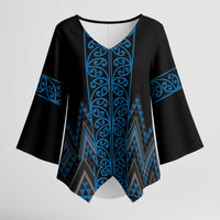 Blue Aotearoa Mangopare Kowhaiwhai Niho Taniwha Kimono Sleeve Blouse Maori New Zealand - Polynesian Pride