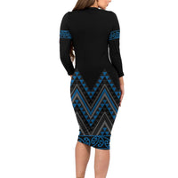 Blue Aotearoa Mangopare Kowhaiwhai and Niho Taniwha Long Sleeve Bodycon Dress Maori New Zealand LT14 - Polynesian Pride
