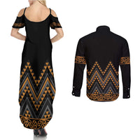 Gold Aotearoa Mangopare Kowhaiwhai and Niho Taniwha Couples Matching Summer Maxi Dress and Long Sleeve Button Shirt Maori New Zealand