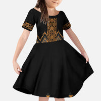 Gold Aotearoa Mangopare Kowhaiwhai and Niho Taniwha Family Matching Off The Shoulder Long Sleeve Dress and Hawaiian Shirt Maori New Zealand LT14 Daughter's Dress Gold - Polynesian Pride