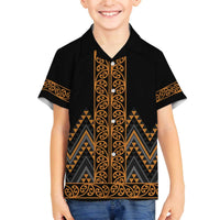 Gold Aotearoa Mangopare Kowhaiwhai and Niho Taniwha Family Matching Off The Shoulder Long Sleeve Dress and Hawaiian Shirt Maori New Zealand LT14 Son's Shirt Gold - Polynesian Pride