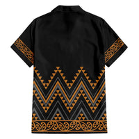 Gold Aotearoa Mangopare Kowhaiwhai and Niho Taniwha Family Matching Off Shoulder Short Dress and Hawaiian Shirt Maori New Zealand