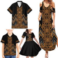 Gold Aotearoa Mangopare Kowhaiwhai and Niho Taniwha Family Matching Summer Maxi Dress and Hawaiian Shirt Maori New Zealand