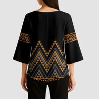 Gold Aotearoa Mangopare Kowhaiwhai Niho Taniwha Kimono Sleeve Blouse Maori New Zealand - Polynesian Pride