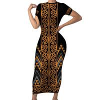 Gold Aotearoa Mangopare Kowhaiwhai and Niho Taniwha Short Sleeve Bodycon Dress Maori New Zealand LT14 Long Dress Gold - Polynesian Pride