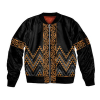 Gold Aotearoa Mangopare Kowhaiwhai and Niho Taniwha Sleeve Zip Bomber Jacket Maori New Zealand