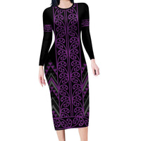 Purple Aotearoa Mangopare Kowhaiwhai and Niho Taniwha Family Matching Long Sleeve Bodycon Dress and Hawaiian Shirt Maori New Zealand LT14 Mom's Dress Purple - Polynesian Pride