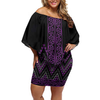 Purple Aotearoa Mangopare Kowhaiwhai and Niho Taniwha Family Matching Off Shoulder Short Dress and Hawaiian Shirt Maori New Zealand