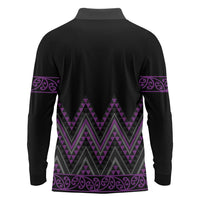 Purple Aotearoa Mangopare Kowhaiwhai and Niho Taniwha Long Sleeve Polo Shirt Maori New Zealand