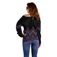 Purple Aotearoa Mangopare Kowhaiwhai and Niho Taniwha Off Shoulder Sweater Maori New Zealand