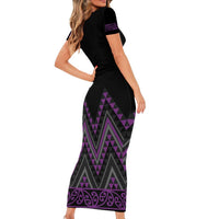 Purple Aotearoa Mangopare Kowhaiwhai and Niho Taniwha Short Sleeve Bodycon Dress Maori New Zealand