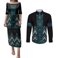 Paua Shell Aotearoa Mangopare Kowhaiwhai and Niho Taniwha Couples Matching Puletasi and Long Sleeve Button Shirt Maori New Zealand LT14 Turquoise - Polynesian Pride
