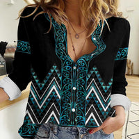 Paua Shell Aotearoa Mangopare Kowhaiwhai and Niho Taniwha Women Casual Shirt Maori New Zealand LT14 Female Turquoise - Polynesian Pride