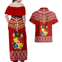 Tonga Rugby Couples Matching Off Shoulder Maxi Dress and Hawaiian Shirt 2023 World Cup Tongan Kupesi Ngatu Pattern LT14 - Polynesian Pride