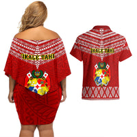 Tonga Rugby Couples Matching Off Shoulder Short Dress and Hawaiian Shirt 2023 World Cup Tongan Kupesi Ngatu Pattern LT14 - Polynesian Pride