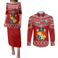 Tonga Rugby Couples Matching Puletasi Dress and Long Sleeve Button Shirts 2023 World Cup Tongan Kupesi Ngatu Pattern LT14 Red - Polynesian Pride