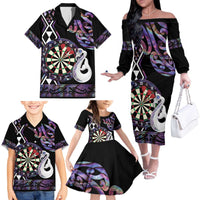 Personalised New Zealand Darts Family Matching Off The Shoulder Long Sleeve Dress and Hawaiian Shirt Ngutukaka Manaia Taniko Luxury Purple - Polynesian Pride
