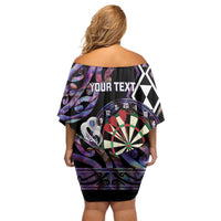 Personalised New Zealand Darts Family Matching Off Shoulder Short Dress and Hawaiian Shirt Ngutukaka Manaia Taniko Luxury Purple - Polynesian Pride