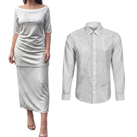 Tonga White Sunday Couples Matching Puletasi and Long Sleeve Button Shirt Fakame Tongan Ngatu Turtle LT14 White - Polynesian Pride