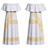 Tonga White Sunday Couples Matching Off Shoulder Maxi Dress and Hawaiian Shirt Fakame Tongan Ngatu Pattern Gold Strips LT14 - Polynesian Pride