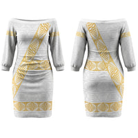 Tonga White Sunday Couples Matching Off The Shoulder Long Sleeve Dress and Hawaiian Shirt Fakame Tongan Ngatu Pattern Gold Strips