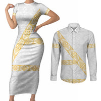 Tonga White Sunday Couples Matching Short Sleeve Bodycon Dress and Long Sleeve Button Shirt Fakame Tongan Ngatu Pattern Gold Strips