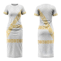 Tonga White Sunday Couples Matching Short Sleeve Bodycon Dress and Long Sleeve Button Shirt Fakame Tongan Ngatu Pattern Gold Strips