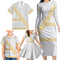 Tonga White Sunday Family Matching Long Sleeve Bodycon Dress and Hawaiian Shirt Fakame Tongan Ngatu Pattern Gold Strips LT14 - Polynesian Pride
