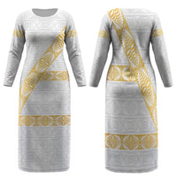 Tonga White Sunday Family Matching Long Sleeve Bodycon Dress and Hawaiian Shirt Fakame Tongan Ngatu Pattern Gold Strips LT14 Mom's Dress White - Polynesian Pride