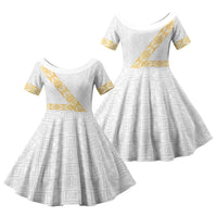 Tonga White Sunday Family Matching Off The Shoulder Long Sleeve Dress and Hawaiian Shirt Fakame Tongan Ngatu Pattern Gold Strips LT14 Daughter's Dress White - Polynesian Pride