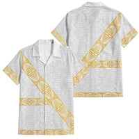 Tonga White Sunday Family Matching Summer Maxi Dress and Hawaiian Shirt Fakame Tongan Ngatu Pattern Gold Strips LT14 Dad's Shirt - Short Sleeve White - Polynesian Pride