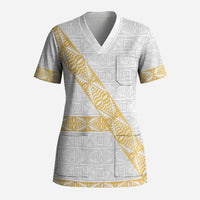 Tonga White Sunday Scrub Top Fakame Tongan Ngatu Pattern Gold Strips LT14 Adult White - Polynesian Pride