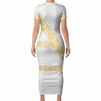 Tonga White Sunday Short Sleeve Bodycon Dress Fakame Tongan Ngatu Pattern Gold Strips