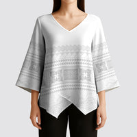 Samoa White Sunday Kimono Sleeve Blouse Lotu Tamaiti Samoan Siapo Teuila Flowers