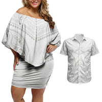 Niue White Sunday Couples Matching Off Shoulder Short Dress and Hawaiian Shirt Aho Tapu Fanau Hiapo Pattern