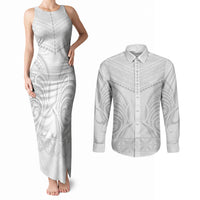 Niue White Sunday Couples Matching Tank Maxi Dress and Long Sleeve Button Shirt Aho Tapu Fanau Hiapo Pattern