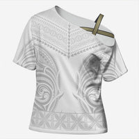 Niue White Sunday Cross Shoulder Shirt Aho Tapu Fanau Hiapo Pattern LT14 Female White - Polynesian Pride