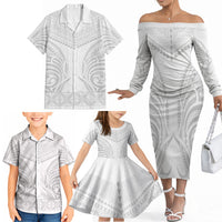 Niue White Sunday Family Matching Off The Shoulder Long Sleeve Dress and Hawaiian Shirt Aho Tapu Fanau Hiapo Pattern LT14 - Polynesian Pride