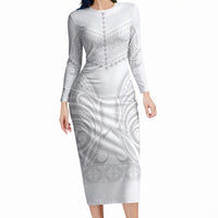 Niue White Sunday Long Sleeve Bodycon Dress Aho Tapu Fanau Hiapo Pattern LT14 Long Dress White - Polynesian Pride