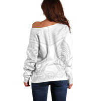 Niue White Sunday Off Shoulder Sweater Aho Tapu Fanau Hiapo Pattern LT14 - Polynesian Pride