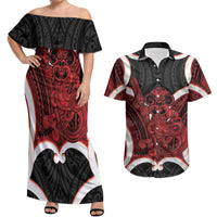 Whero Aotearoa Atua Tumatauenga Personalised Couples Matching Off Shoulder Maxi Dress and Hawaiian Shirt Maori God Of War Tiki With Taiaha LT14 Red - Polynesian Pride