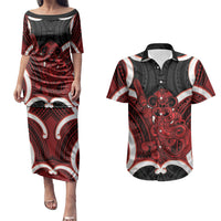 Whero Aotearoa Atua Tumatauenga Personalised Couples Matching Puletasi and Hawaiian Shirt Maori God Of War Tiki With Taiaha LT14 Red - Polynesian Pride